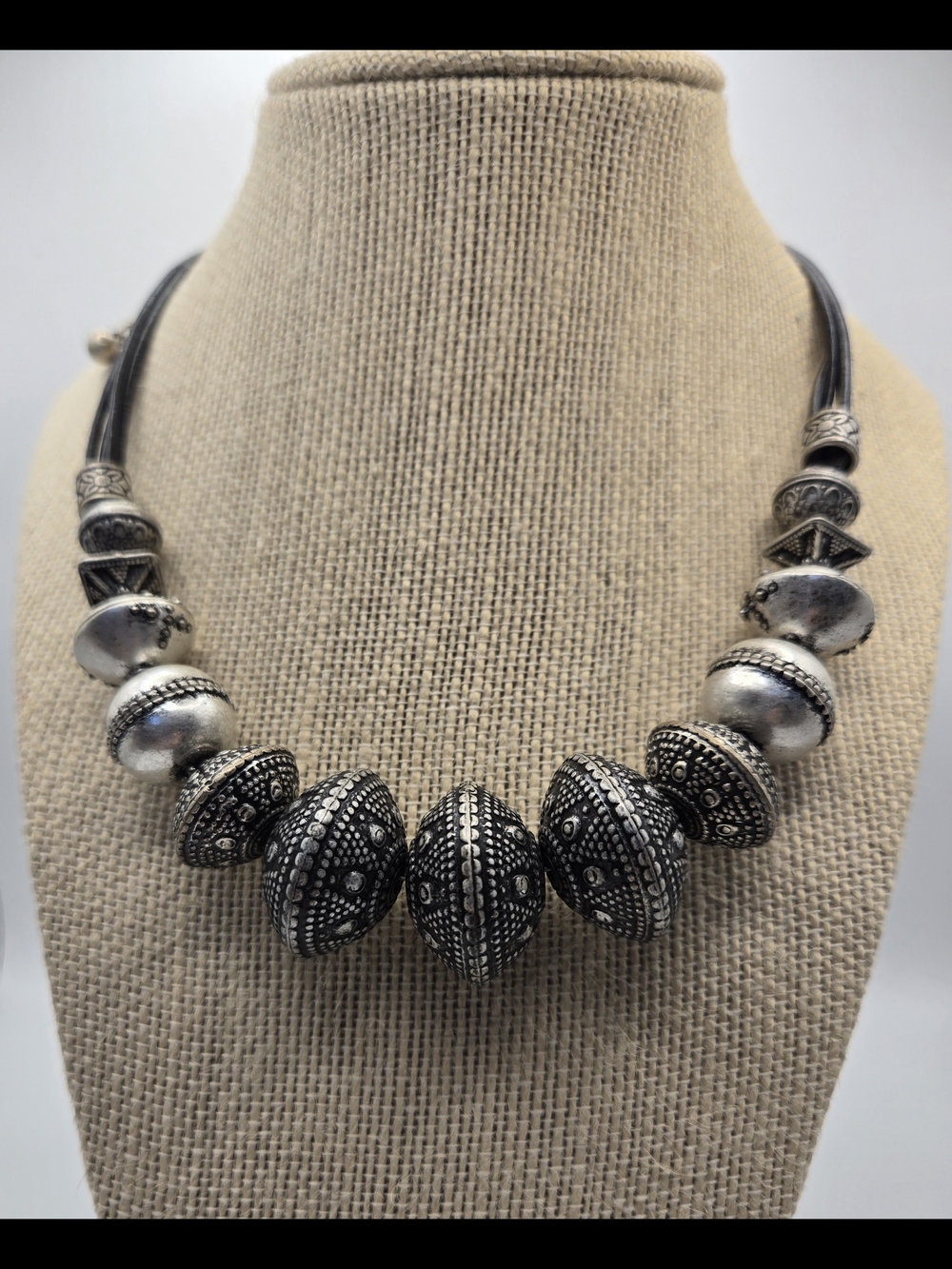 Chico's Bohemian Bali Style Black Silver Beaded Statement Necklace Bold Ethnic